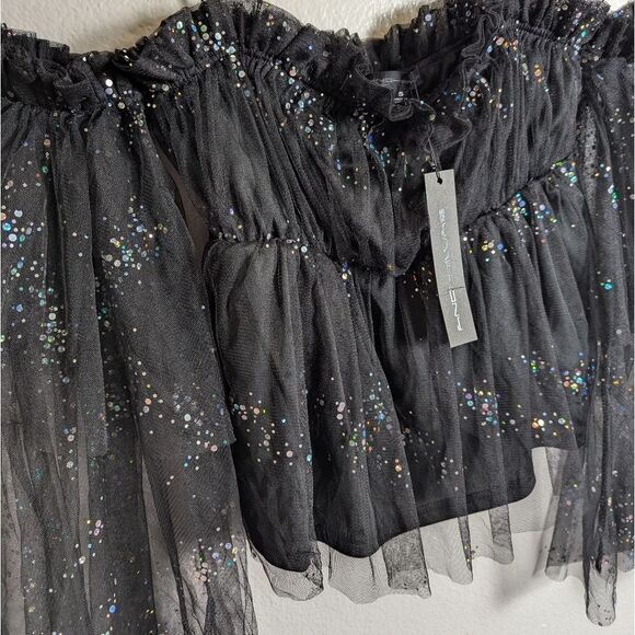 Symphony Black Iridescent Sequin Mesh Ruffle Off-Shoulder Bell Sleeve Top S - Picture 6 of 7